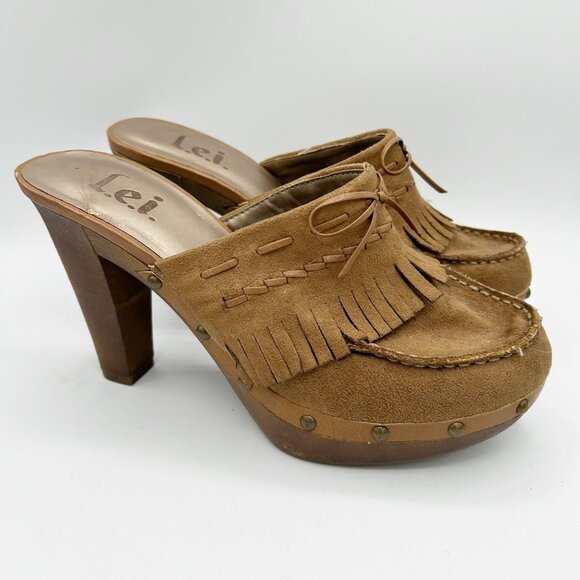 Y2K Vintage L.E.I. Heeled Mule Clog Fringe Boho Retro Western Size 10 Women's - Picture 1 of 5